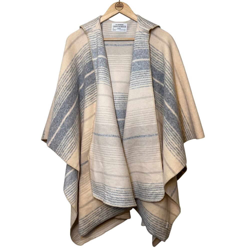 REI Poncho Wool Stripe Hooded Outdoor Boho Gorpcore Cream Gray Unisex One Size